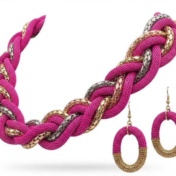 Hot Pink Braided Mesh Statement Necklace Set - Gold - Picture 2 of 5